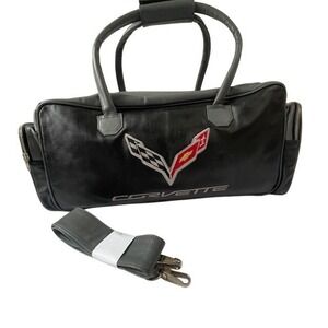 Corvette Logo Leather Duffel Bag Black Gray Travel Weekender Heritage Racing